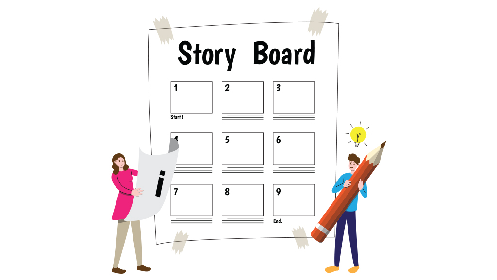 Image illustrating a storyboard on a digital tablet with the title 'Storyboarding – You Gotta LUV it!' and key elements for effective storyboarding.