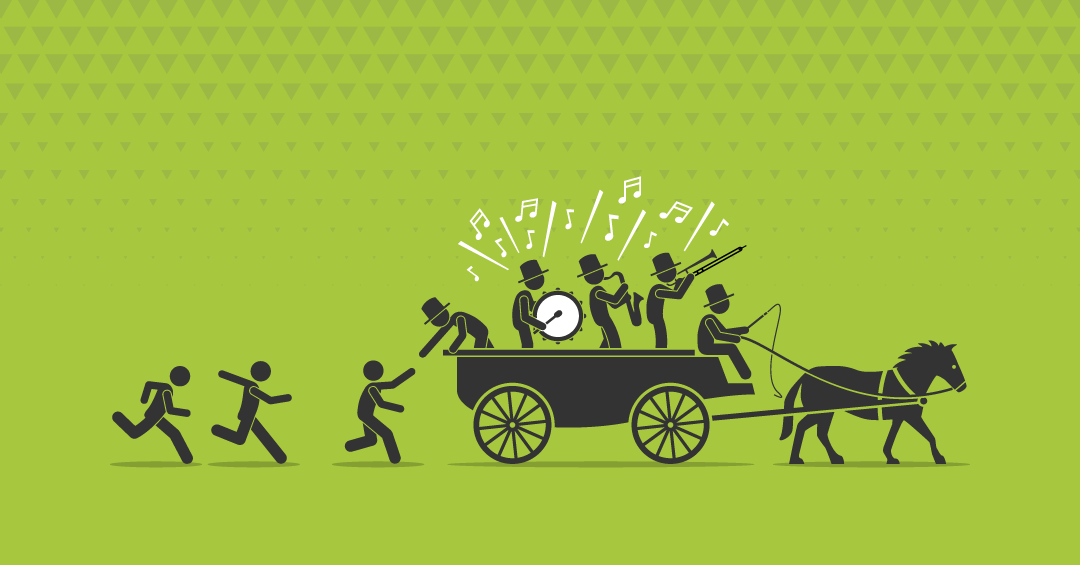 Illustration of a bandwagon with people jumping on board, symbolizing the growing interest and adoption of learning science in education and organizational practices.