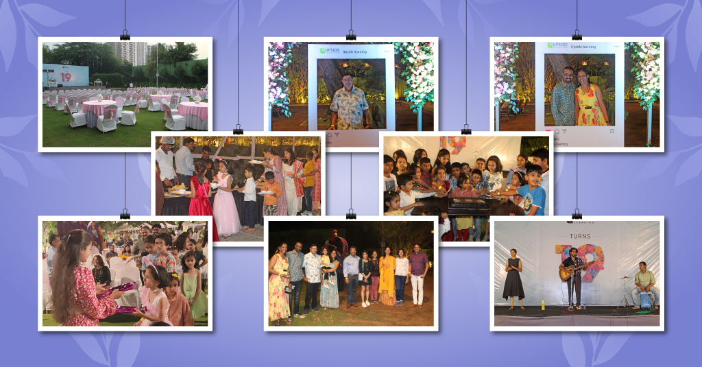 Vibrant celebration at Upside Learning's 19th Annual Party: A live band playing Bollywood music, children cutting the cake, enjoying fun activities, and team members rejoicing in the festive atmosphere. Heartwarming moments at Upside Learning's celebration: Team members and their families gathered together, expressing love and support, creating cherished memories during the 19th Annual Party.