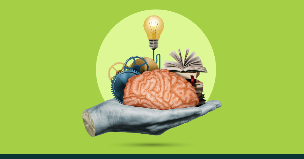 Banner image showing a brain in hand with a light bulb for thought and gears for development, symbolizing skilling as an organizational priority and adaptability.